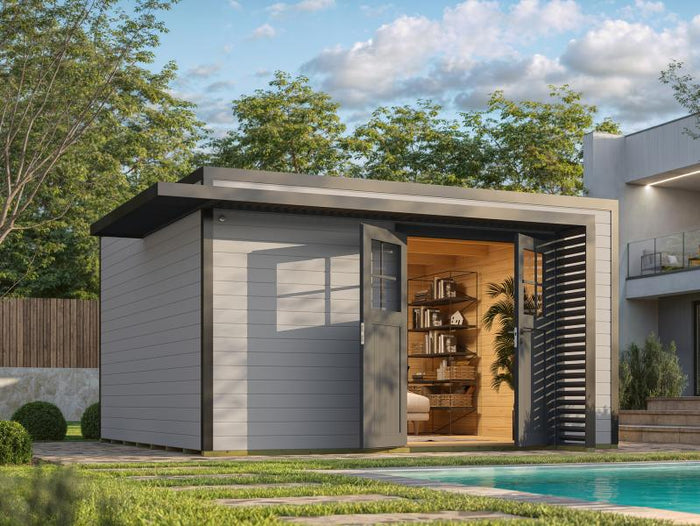 Weka Design-Gartenhaus Pure Garden Amberley 1/3, 44 mm, 400x400 cm, Grau/Anthrazit, Massivholz-Doppe