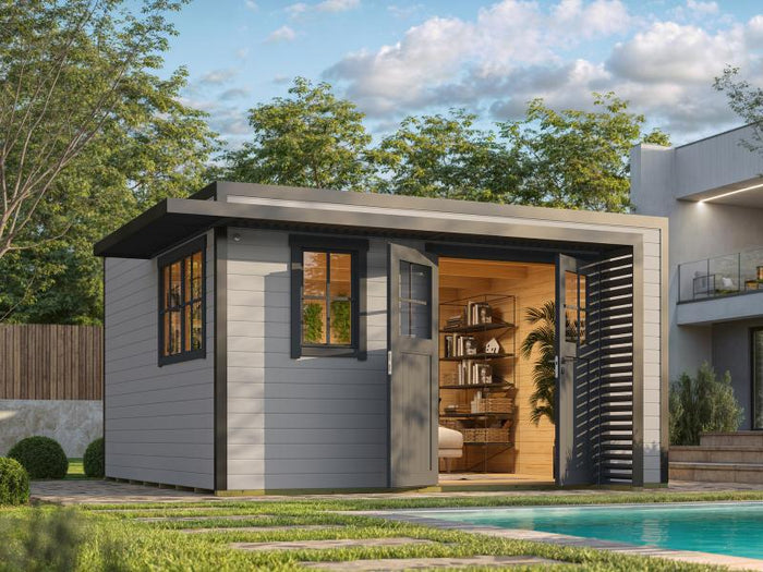 Weka Design-Gartenhaus Pure Garden Amberley 1/3, 44 mm, 400x400 cm, Grau/Anthrazit, Massivholz-Doppe