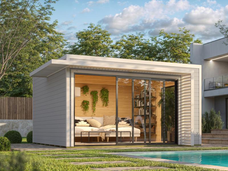 Weka Design-Gartenhaus Pure Garden Amberley 1/3, 44 mm, 400x400 cm, Grau/Weiß, große Schiebetür, mit