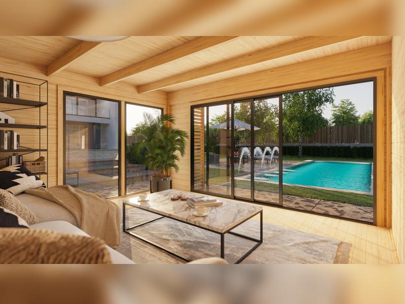 Weka Design-Gartenhaus Pure Garden Amberley 1/3, 44 mm, 400x400 cm, Grau/Weiß, große Schiebetür, mit