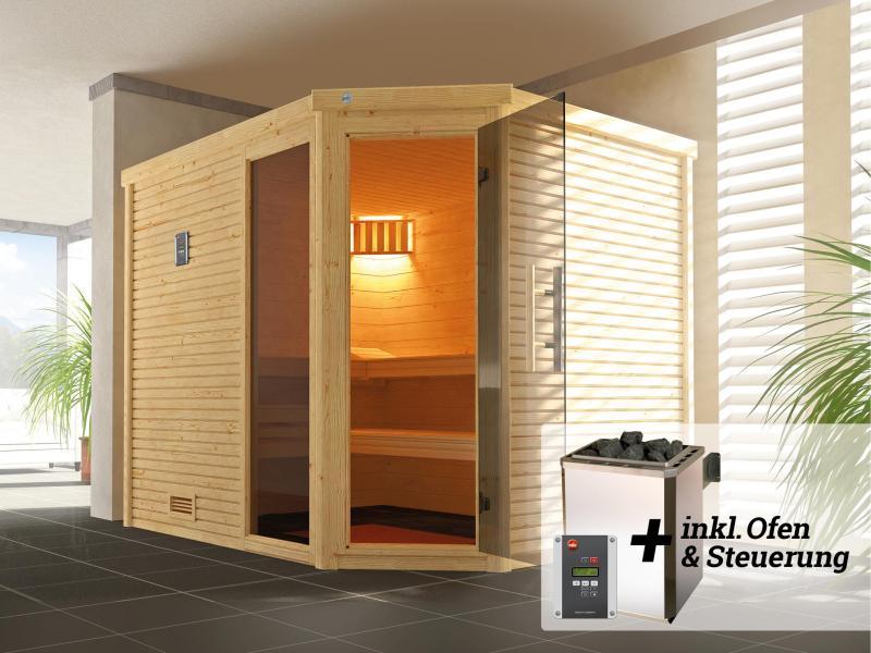 Weka Design-Sauna CUBILIS Gr. 3 Sparset 7,5 kW BioS inkl. digitaler Steuerung, Glastür, Fenster und 