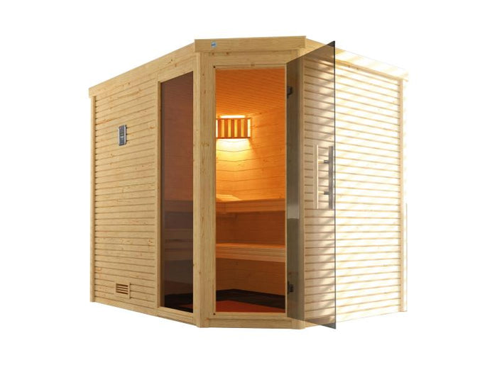 Weka Design-Sauna CUBILIS Gr. 3 Sparset mit 9 kW Ofen Kompakt integr. Steuerung, inkl. Leuchtenset, 