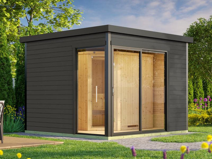 Weka Design-Saunahaus SH 412, grau, inkl. 9 kW Saunaofen Kompakt integr. Steuerung