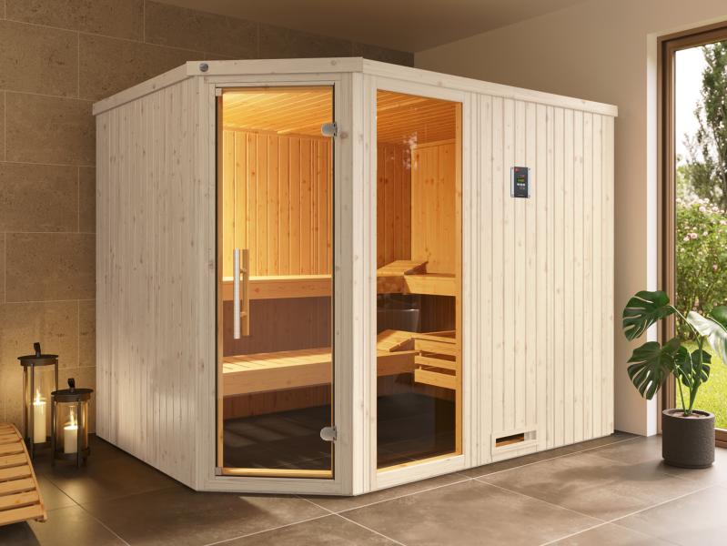 Weka Elementsauna Varberg 4 Trend, weiß, inkl. 9 kW Bioofen digitale Steuerung (BioS), Ganzglastür u