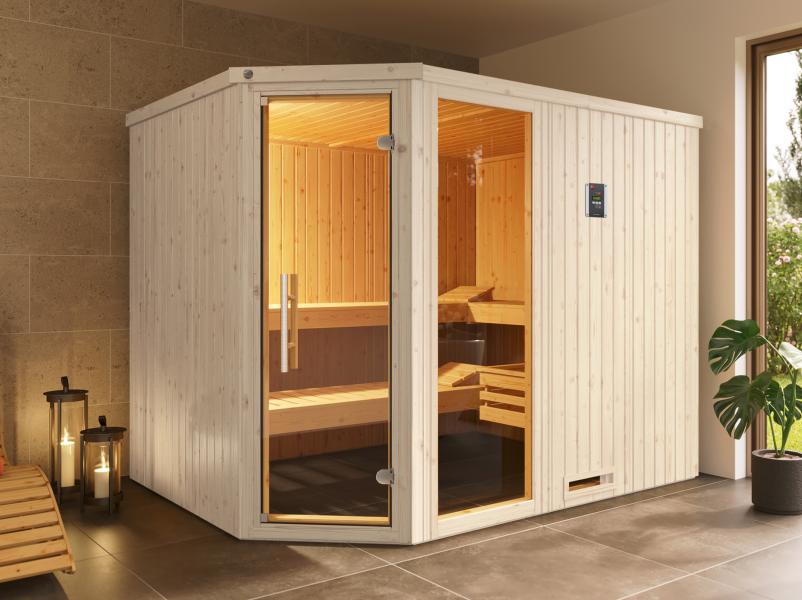 Weka Elementsauna Varberg 4 Trend,weiß, inkl. 9 kW Ofen digitale Steuerung (OS), Ganzglastür und Fen