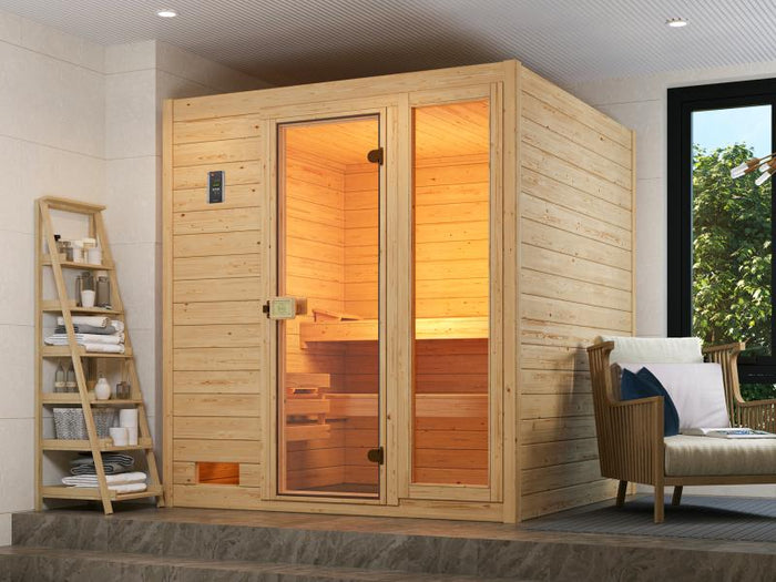 Weka Massivholzsauna Valida 3 GTF Sparset inkl. 9 kW Kompakt-Ofenset und Sauna-Leuchtenset
