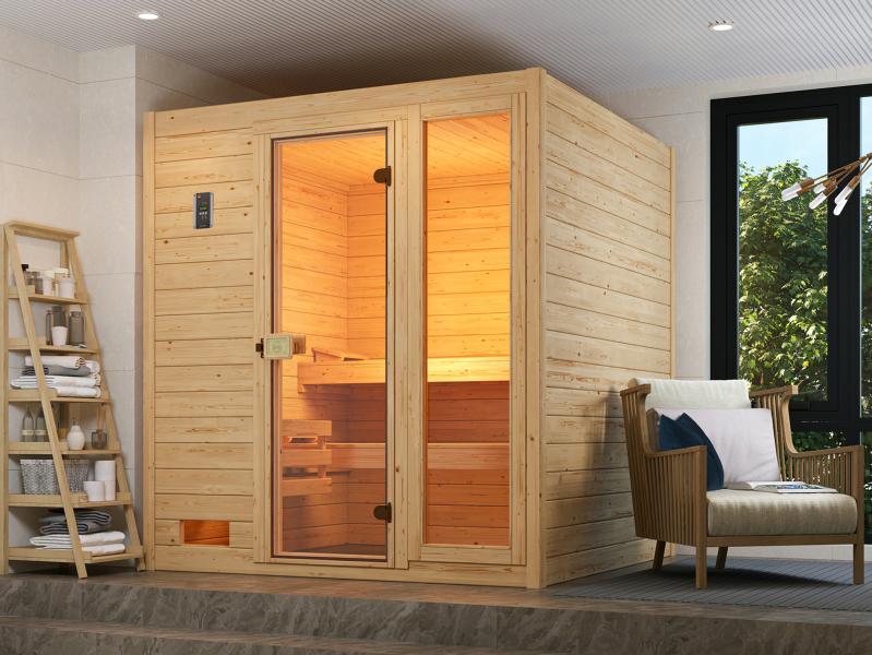 Weka Massivholzsauna Valida 3 GTF, inkl. 7,5 kW Bioofen digitale Steuerng (BioS), Ganzglastür und Fe
