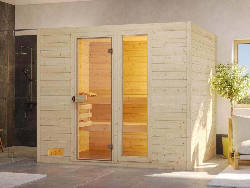 Weka Massivholzsauna Valida 4 GTF, inkl. 7,5 kW Bioofen digitale Steuerng (BioS), Ganzglastür und Fe