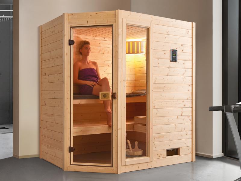 Weka Massivholzsauna Valida Eck 1 GTF Sparset 1 inkl. 4,5 kW Kompakt-Ofenset, Sauna-Leuchtenset, Zub