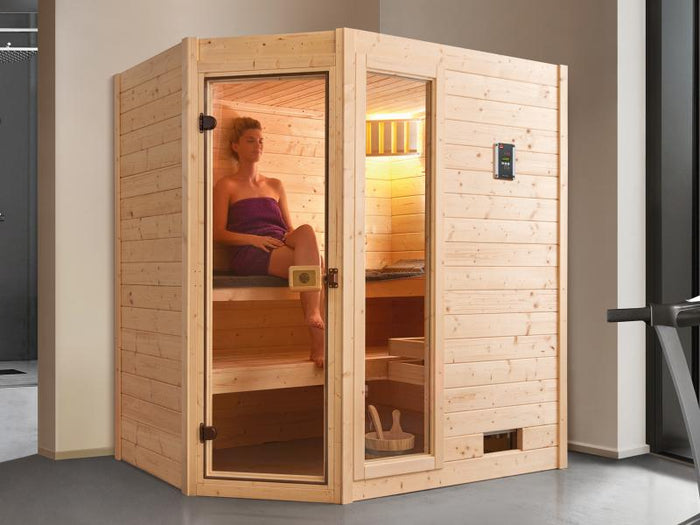 Weka Massivholzsauna Valida Eck 1 GTF Sparset 1 inkl. 4,5 kW Kompakt-Ofenset, Sauna-Leuchtenset, Zub