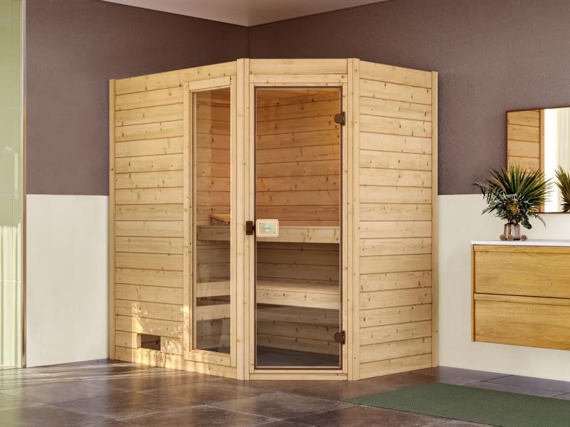 Weka Massivholzsauna Valida Eck 1 GTF, inkl. 4,5 kW Ofen digitale Steuerung (OS), mit Ganzglastür un