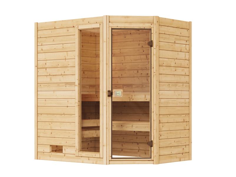 Weka Massivholzsauna Valida Eck 1 GTF, inkl. 4,5 kW Ofen digitale Steuerung (OS), mit Ganzglastür un