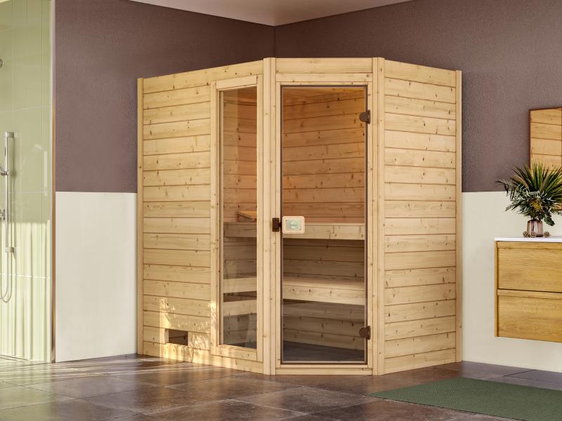 Weka Massivholzsauna Valida Eck 1 GTF, inkl. 7,5 kW Bioofen digitale Steuerung (BioS), mit Ganzglast