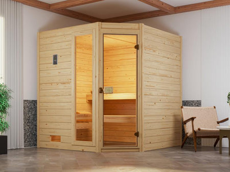 Weka Massivholzsauna Valida Eck 1,8 GTF, inkl. 4,5 kW Ofen mit digitaler Steuerung, mit Ganzglastür 