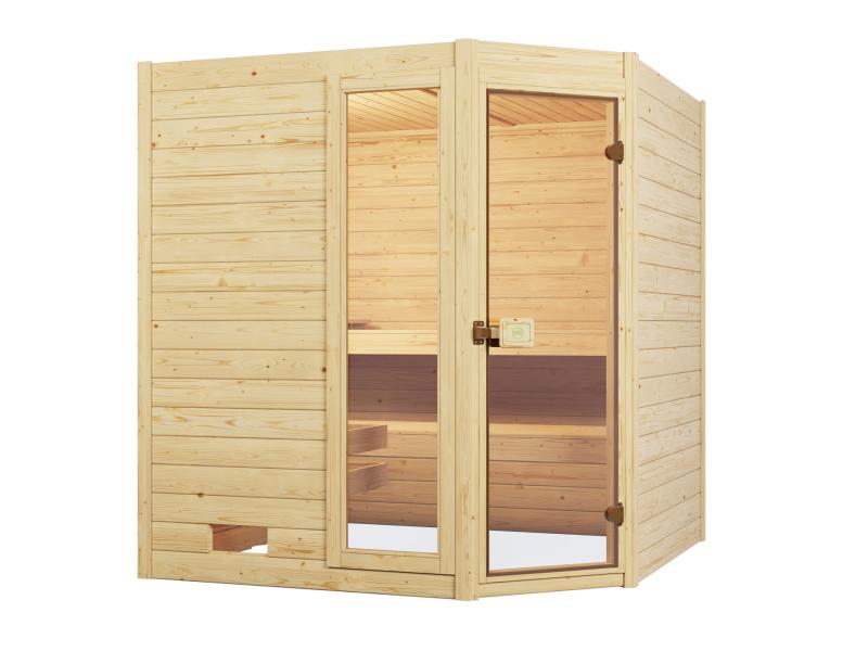 Weka Massivholzsauna Valida Eck 1,8 GTF, inkl. 4,5 kW Ofen mit digitaler Steuerung, mit Ganzglastür 