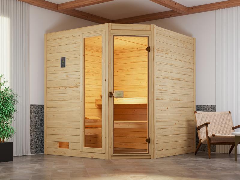 Weka Massivholzsauna Valida Eck 1,8 GTF, inkl. 4,5 kW Bioofen mit digitaler Steuerung, mit Ganzglast