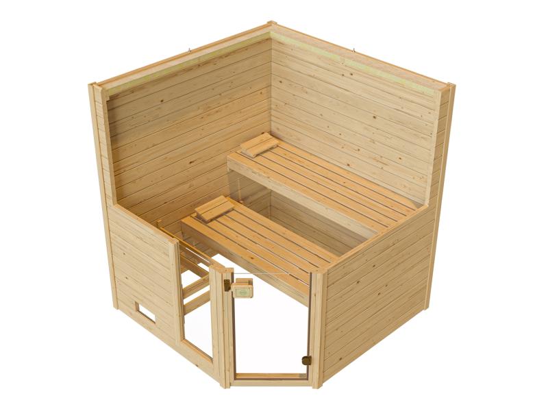 Weka Massivholzsauna Valida Eck 1,8 GTF, inkl. 4,5 kW Bioofen mit digitaler Steuerung, mit Ganzglast