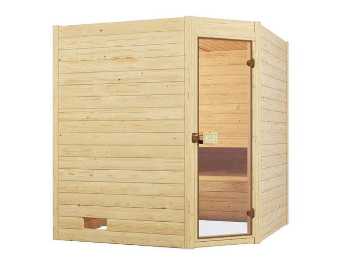 Weka Massivholzsauna Valida Eck 2 GT, inkl. 7,5 kW Ofen mit digitaler Steuerung (OS), Ganzglastür