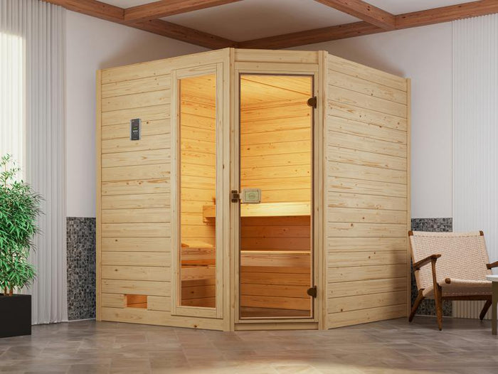 Weka Massivholzsauna Valida Eck 2 GTF, inkl. 7,5 kW Ofen mit digitaler Steuerung (OS), Ganzglastür u