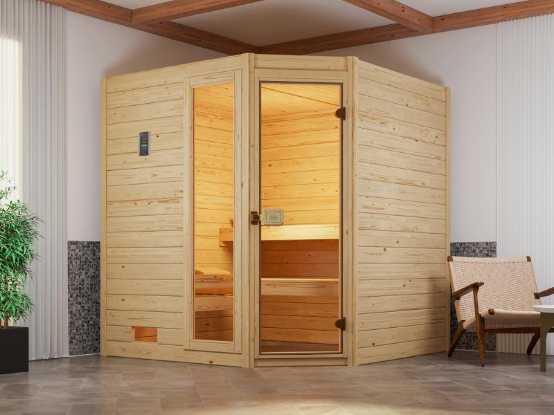 Weka Massivholzsauna Valida Eck 2 GTF, inkl. 7,5 kW Bioofen mit digitaler Steuerung (BioS), Ganzglas