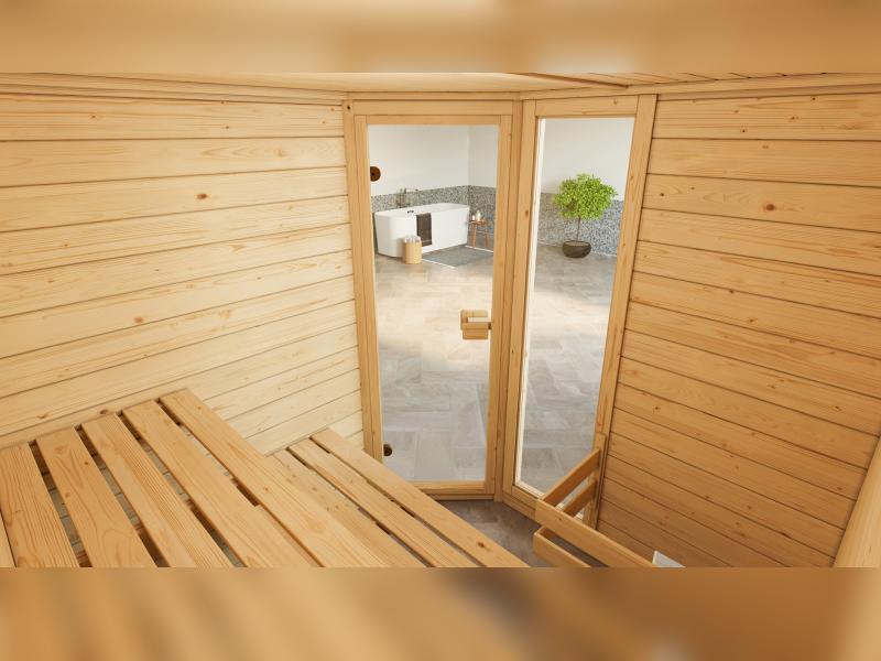 Weka Massivholzsauna Valida Eck 2 GTF, inkl. 7,5 kW Bioofen mit digitaler Steuerung (BioS), Ganzglas
