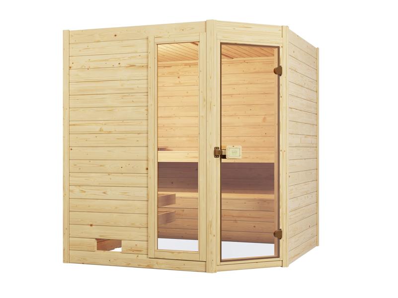 Weka Massivholzsauna Valida Eck 2 GTF, inkl. 9 kW Ofen Kompakt integr. Steuerung, Ganzglastür und Fe