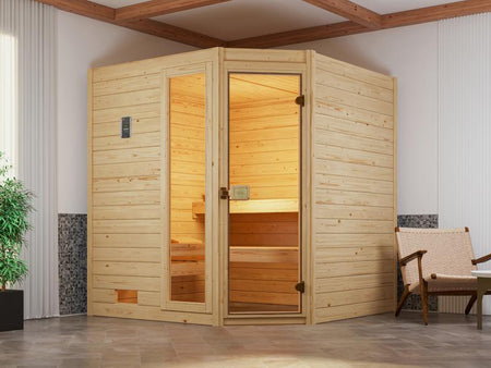 Weka Massivholzsauna Valida Eck 2 GTF, inkl. 5,4 kW Ofen Kompakt integr. Steuerung, Ganzglastür und 