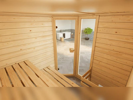 Weka Massivholzsauna Valida Eck 2 GTF, inkl. 5,4 kW Ofen Kompakt integr. Steuerung, Ganzglastür und 