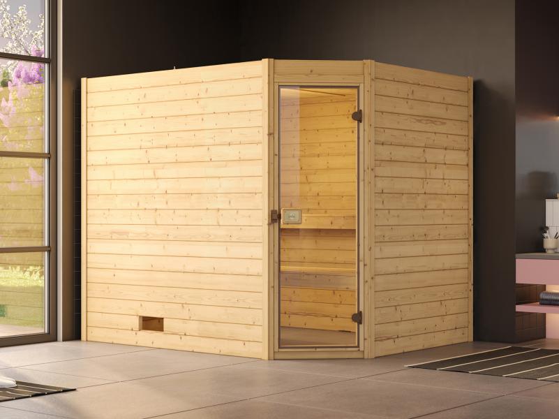Weka Massivholzsauna Valida Eck 3 GT, inkl. 7,5 kW Bioofen mit digitaler Steuerung (BioS), Ganzglast