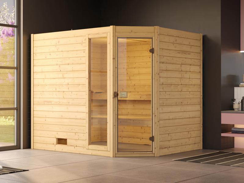 Weka Massivholzsauna Valida Eck 3 GTF, inkl. 7,5 kW Ofen mit digitaler Steuerung (OS), Ganzglastür u