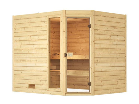Weka Massivholzsauna Valida Eck 3 GTF, inkl. 7,5 kW Ofen mit digitaler Steuerung (OS), Ganzglastür u