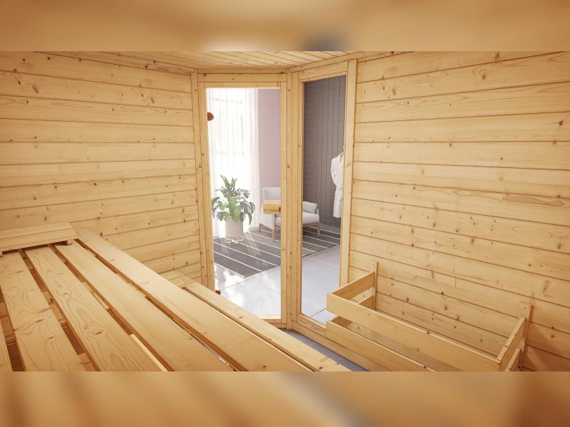 Weka Massivholzsauna Valida Eck 3 GTF, inkl. 9 kW Ofen mit digitaler Steuerung (OS), Ganzglastür und