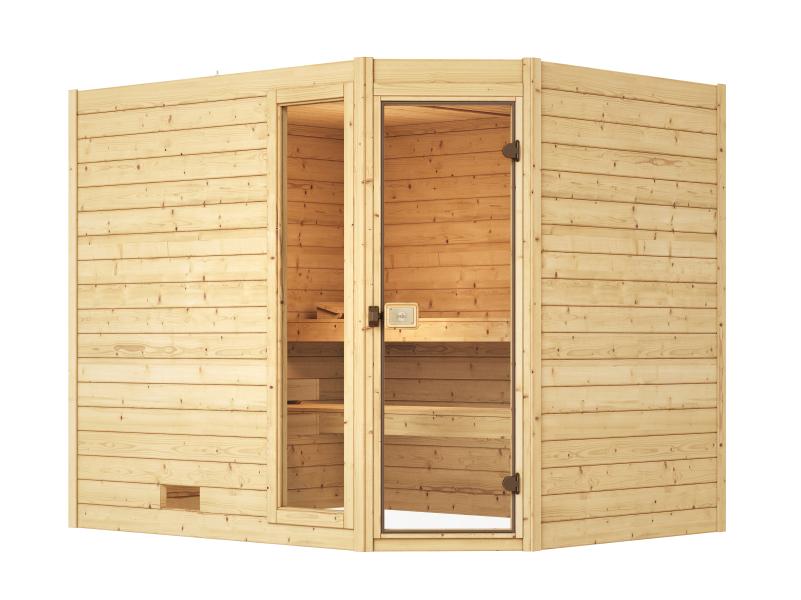Weka Massivholzsauna Valida Eck 3 GTF, inkl. 9 kW Ofen mit digitaler Steuerung (OS), Ganzglastür und