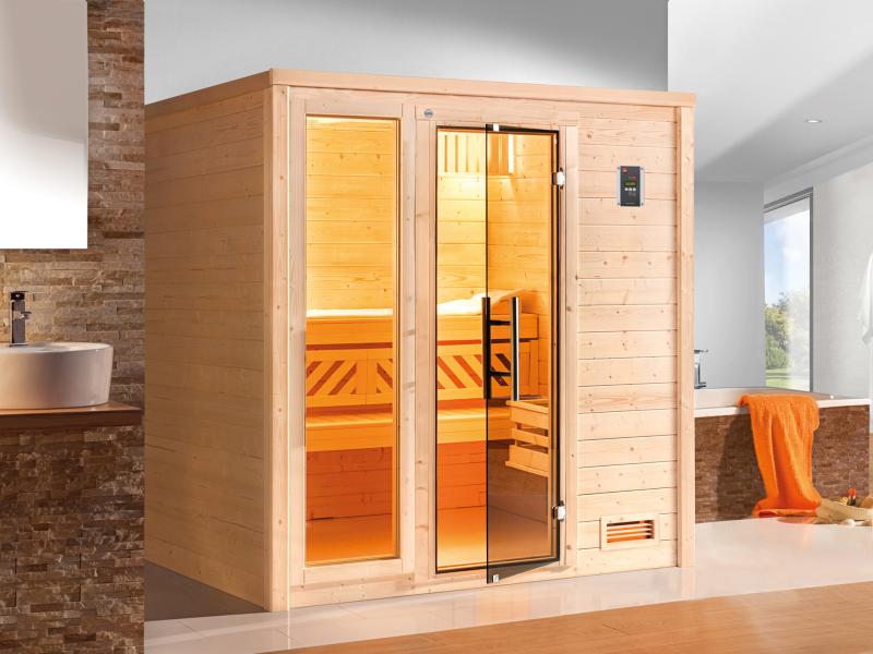 Weka Premium Sauna Bergen 2, inkl. Sparset mit 7,5 kW OS inkl. Steuerung, Ganzglastür und Fenster (G