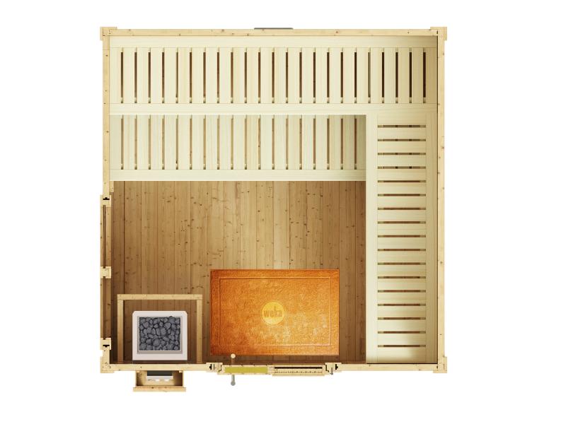 Weka Saunahaus 45 mm KUOPIO mit Fenster und 9 kW BioS-Ofenset, natur