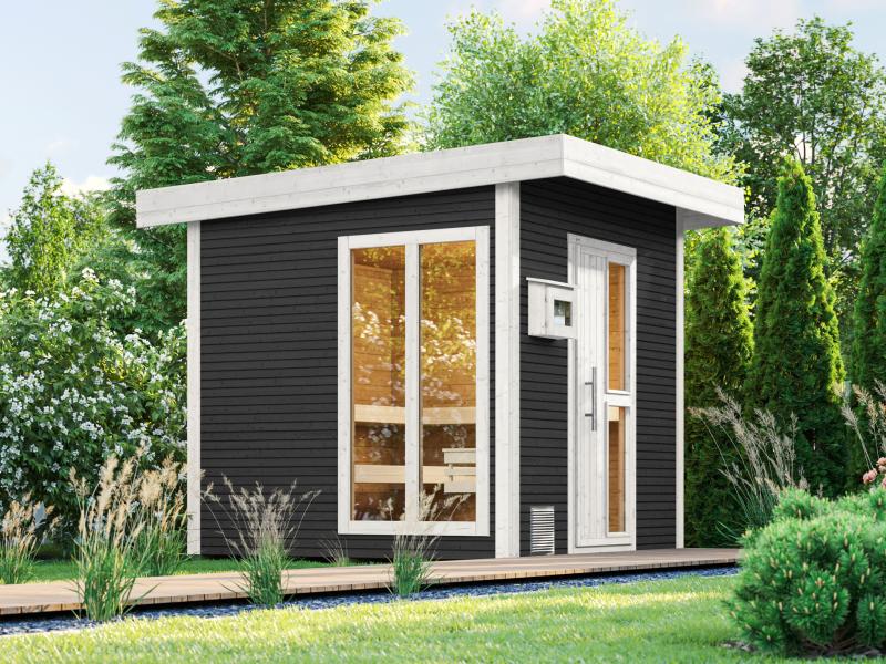 Weka Saunahaus 45 mm Kuopio mit Fenster und 9 kW BioS-Ofenset, anthrazit