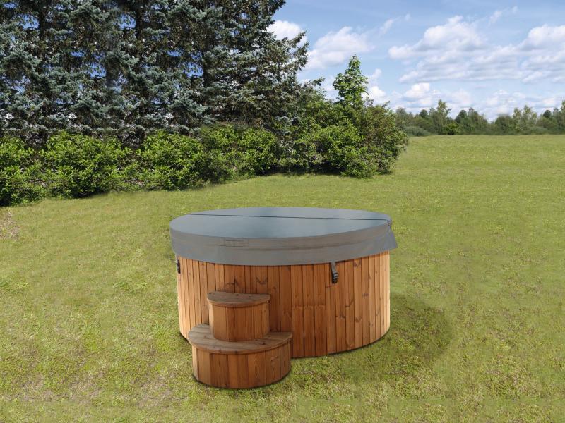Wolff Finnhaus Badebottich Hot Tub de luxe Dunkelgrau mit weißem GFK-Einsatz, integriertem Außenofen