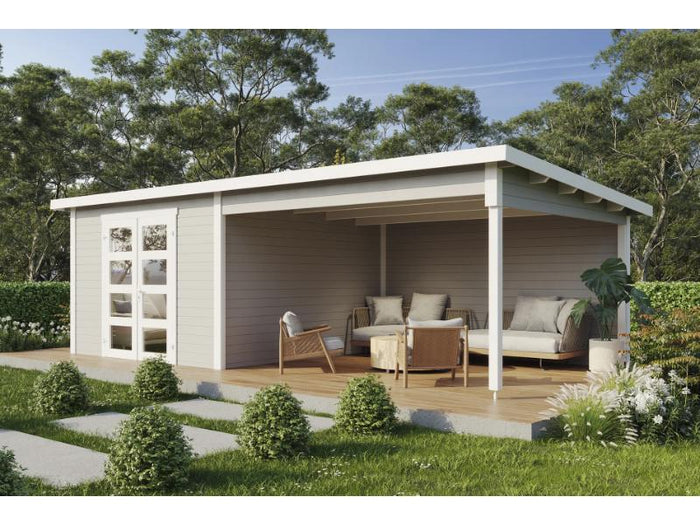 Wolff Finnhaus Gartenhaus Ole 7133, 28 mm, mit Anbau und Rückwand, hellgrau