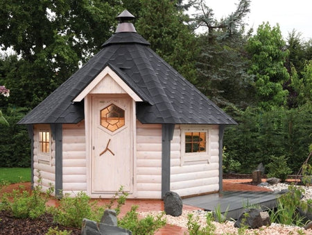 Wolff Finnhaus Grillkota 9 de luxe inkl. schwarzen Dachschindeln und Grillanlage