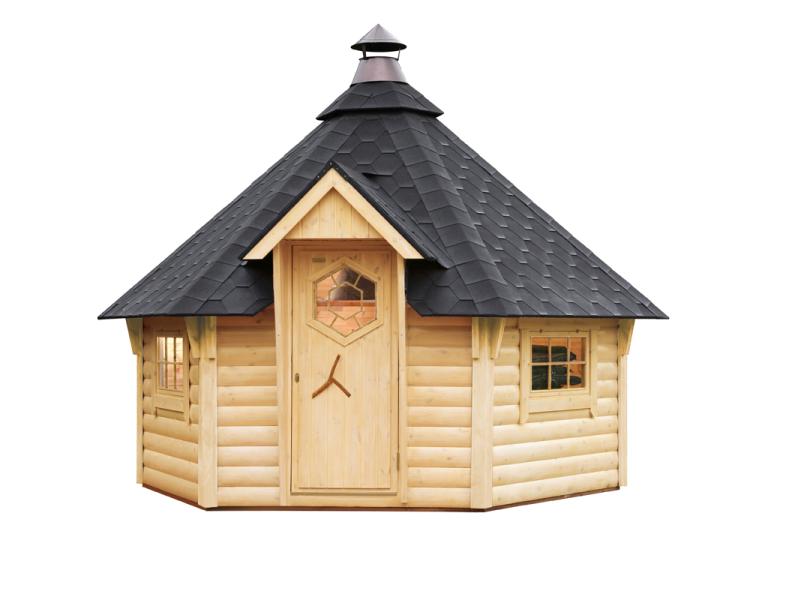 Wolff Finnhaus Grillkota 9 de luxe inkl. schwarzen Dachschindeln und Grillanlage