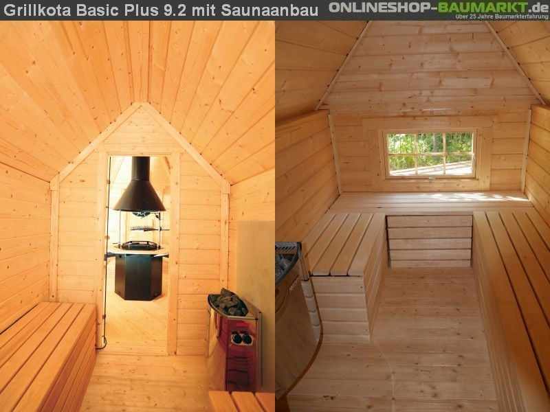Wolff Finnhaus Grillkota 9 de Luxe mit Saunaanbau und schwarzen Schindeln