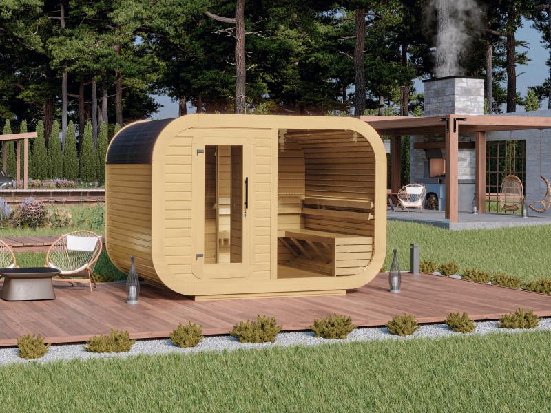 Wolff Finnhaus Sauna Luago 3x2 montiert Typ 3 Art 1, natur, inkl. Dacheindeckung, Vollglasfront und 