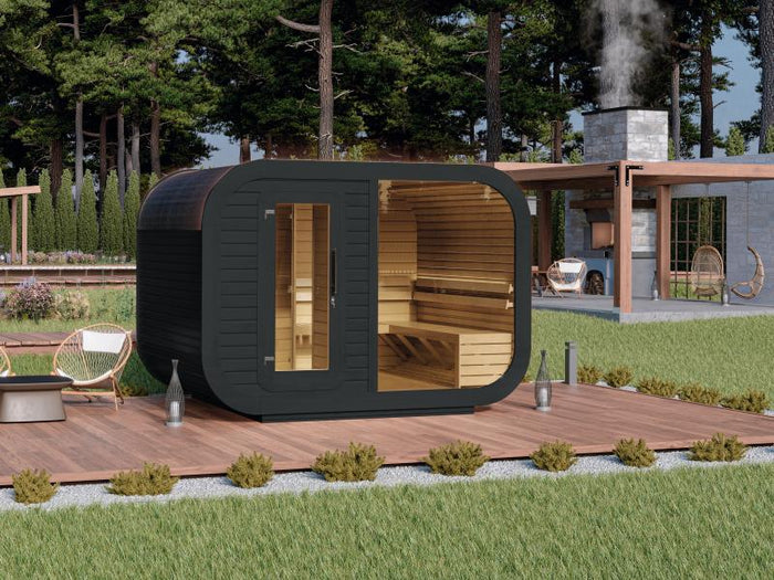 Wolff Finnhaus Sauna Luago 3x2 montiert Typ 3 Art 1, anthrazit, inkl. Dacheindeckung, Vollglasfront 