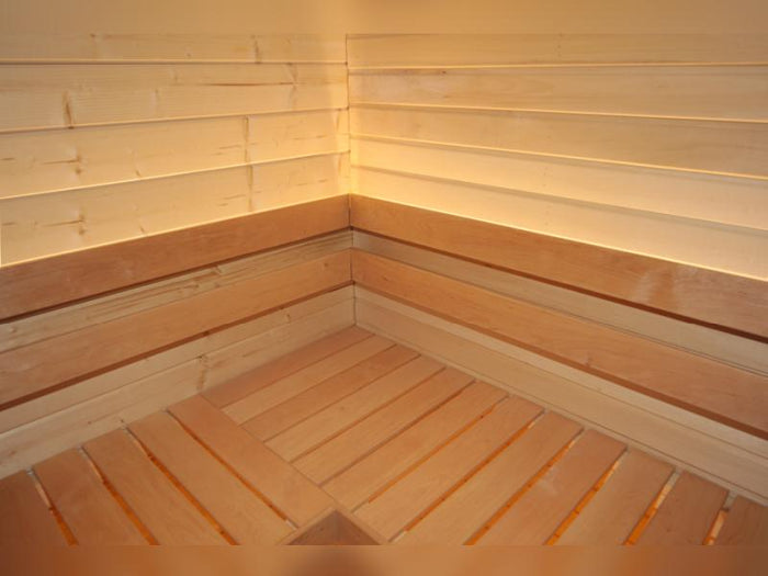 Wolff Finnhaus Sauna Luago 3x2 montiert Typ 3 Art 1, Kiefer, inkl. Dacheindeckung, Vollglasfront und