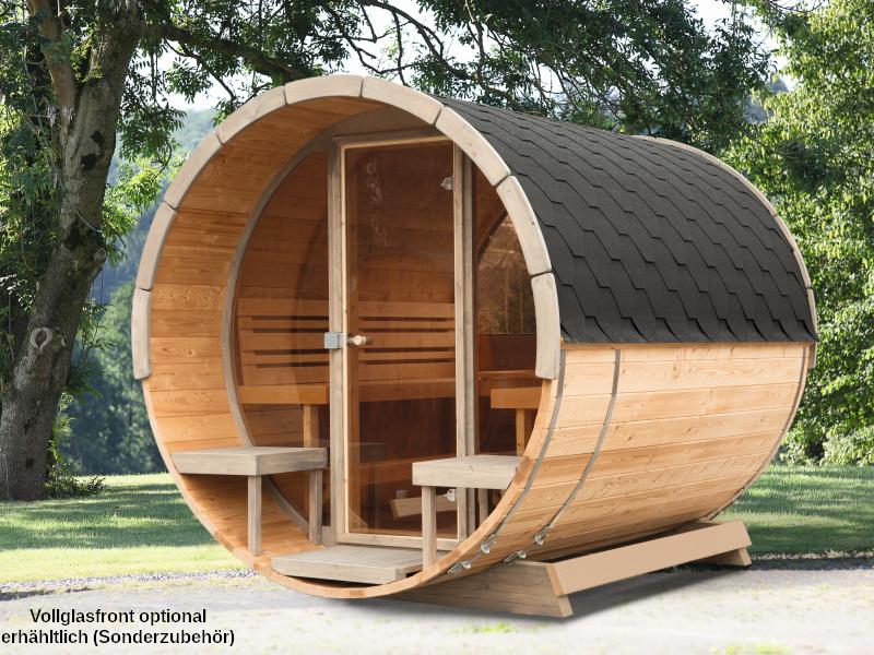 Wolff Finnhaus Saunafass 230 basic als Bausatz mit schwarzen Dachschindeln
