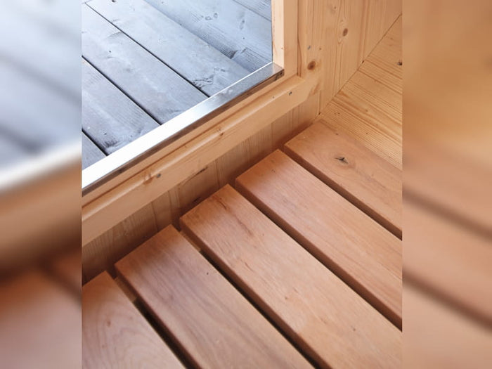Wolff Finnhaus Saunafass Basic 280 montiert DS schwarz Anstrich Hellgrau
