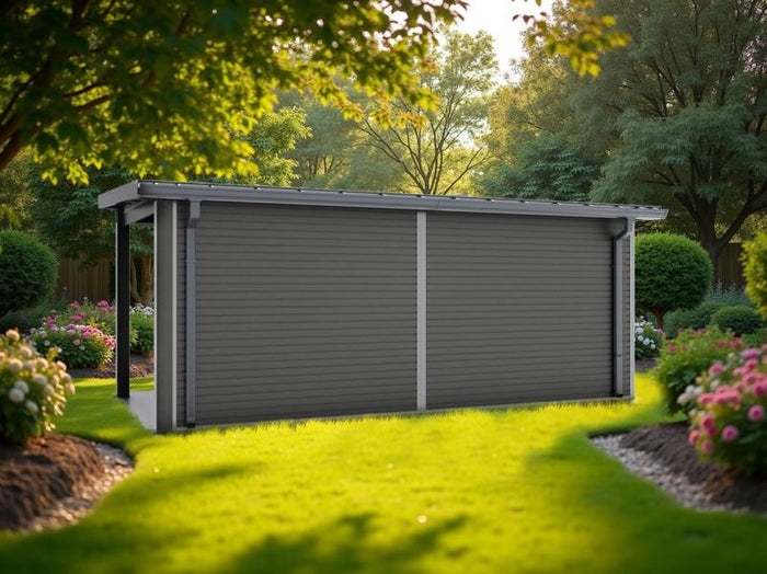 WPC Gartenhaus Linia 5628 mit Anbaudach rechts und Rückwand, inkl. Dachrinnen-Set, Anthrazit