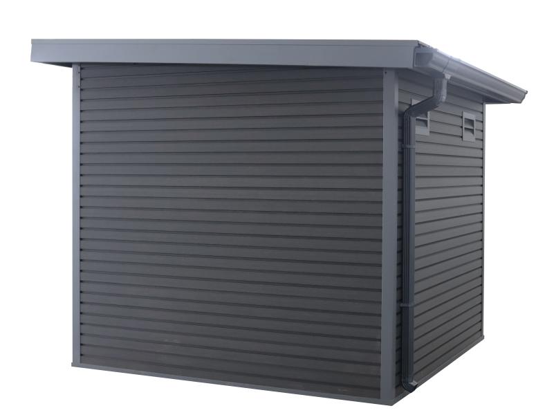 WPC Gartenhaus Linia 5628 mit Anbaudach rechts und Rückwand, inkl. Dachrinnen-Set, Anthrazit