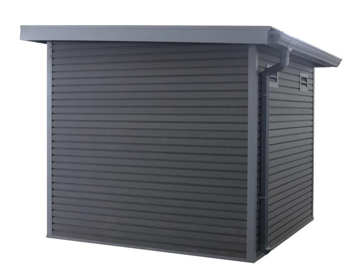 WPC Gartenhaus Linia 5628 mit Anbaudach rechts und Rückwand, inkl. Dachrinnen-Set, Anthrazit